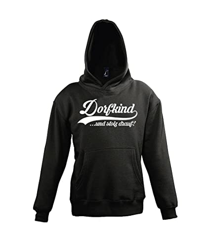 TRVPPY Kinder Pullover Hoodie Dorfkind Spruch Logo Print - Schwarz 106/116 (6 Jahre) von TRVPPY