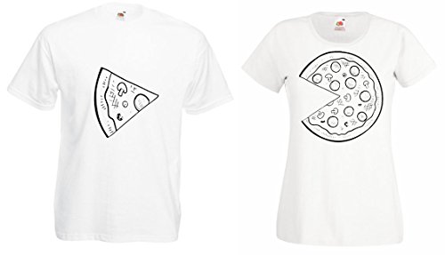 TRVPPY Partner Herren + Damen T-Shirts Pizza Kleines Stück & Pizza Großes Stück, Herren XXL, Damen M, Weiß von TRVPPY