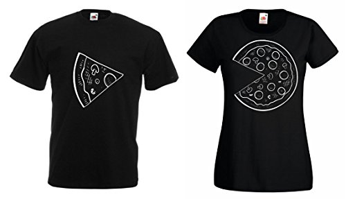 TRVPPY Partner Herren + Damen T-Shirts Pizza kleines Stück & Pizza großes Stück, Herren L, Damen L, Schwarz von TRVPPY