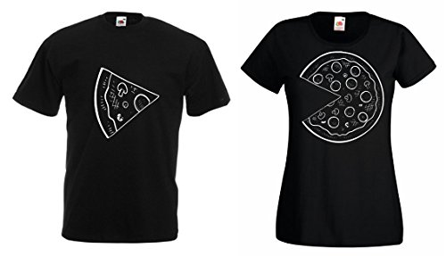 TRVPPY Partner Herren + Damen T-Shirts Pizza kleines Stück & Pizza großes Stück, Herren L, Damen S, Schwarz von TRVPPY