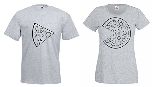 TRVPPY Partner Herren + Damen T-Shirts Pizza kleines Stück & Pizza großes Stück, Herren XL, Damen S, Grau von TRVPPY