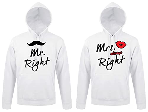 TRVPPY Partner Pullover Kapuzenpullover Mr. Right & Mrs. Always Right King Queen - Damen Hoodie Weiß Gr. L von TRVPPY