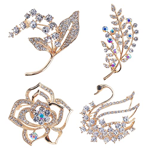 TRYFM 4 Stück Damen Brosche Set, Tier Brosche Blätter Blumen Strass Brosche Elegant Mode Anstecknadeln Kristall Pin Dekoration Zubehör für Damen und Mädchen von TRYFM