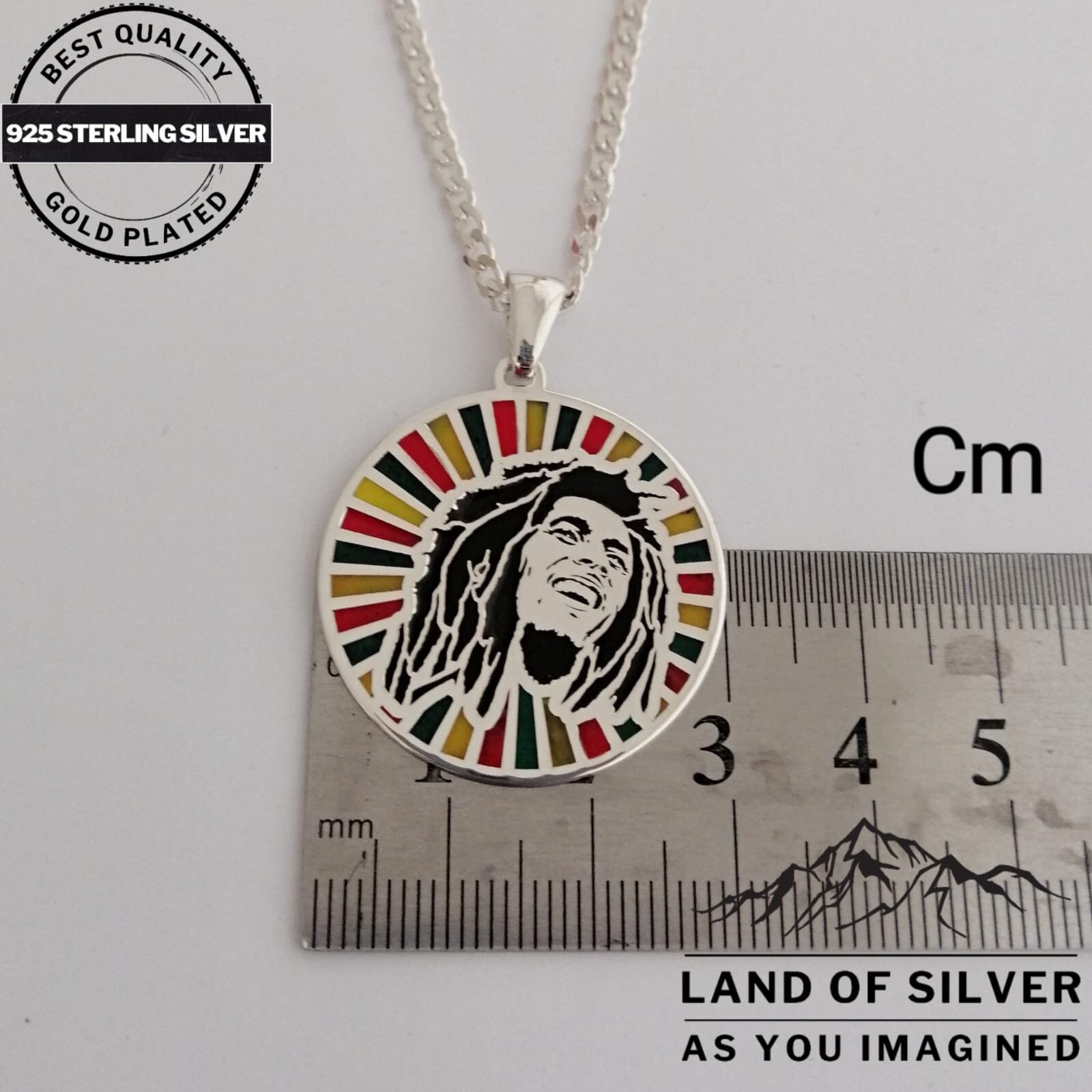 Bob Marley Fan Halskette, Handgemacht, Sterling Silber, Geschnitzte Schwarz, Gelb, Grün, Rot, Emaille Gefüllte Bob Marley Fan Halskette, Handgemacht, Sterling Silber, Geschnitzte Schwarz, Gelb, Grün, Rot, Emaille Gefüllte von TRlandofsilver