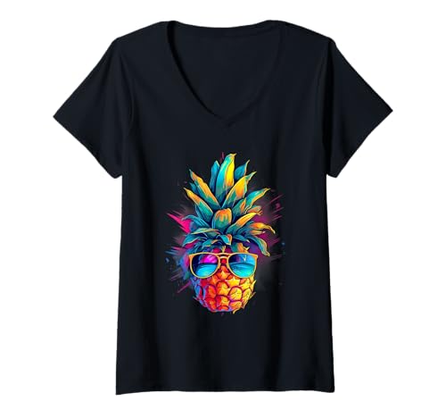 Damen Ananas trägt Sonnenbrille und genießt den Party Urlaub T-Shirt mit V-Ausschnitt Damen Ananas trägt Sonnenbrille und genießt den Party Urlaub T-Shirt mit V-Ausschnitt von Tropisch exotisch Colada Pineapple Hawaii