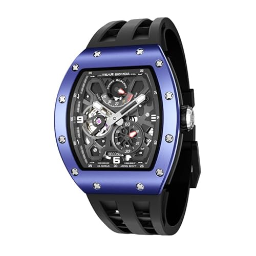Luxus Herrenuhren Tonneau Skelett Uhren Wasserdicht 50M Mechanisch Analog Uhren Skelett Analog Replik Uhr mit Fluoroelastomer Uhrenarmbänder Business Arbeit Uhr Einzigartige Geschenke für Männer von TSAR BOMBA