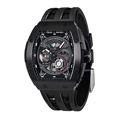 TSAR BOMBA Uhren Herren Automatik Uhr Herren Automatik Uhr Herren Mechanisch Skeleton Armbanduhr Herren Tonneau Analog wasserdichte Herren Uhr Fkm Fluorkautschuk Armband Luxus Herrenuhr Geschenke von TSAR BOMBA