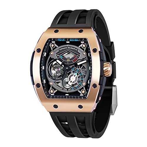 TSAR BOMBA Uhren Herren Automatik Uhr Herren Automatik Uhr Herren Mechanisch Skeleton Armbanduhr Herren Tonneau Analog wasserdichte Herren Uhr Fkm Fluorkautschuk Armband Luxus Herrenuhr Geschenke von TSAR BOMBA