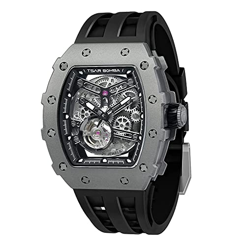 TSAR BOMBA Herren Uhr Automatik Tonneau Skelett Luxus Armbanduhr 50M Wasserdichter Analoge Mechanische Tauchen Quadratische Hohle Japanisches Uhrwerk Saphirspiegel Silikonband, SGLZ TSAR BOMBA 8208T von TSAR BOMBA