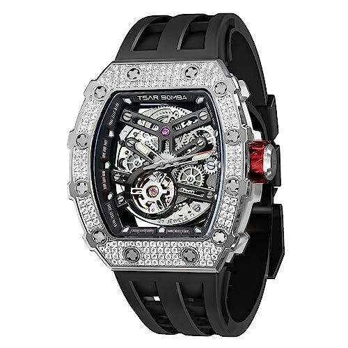 TSAR BOMBA Herren Uhr Automatik Tonneau Skelett Luxus Armbanduhr 50M Wasserdichter Analoge Mechanische Tauchen Quadratische Hohle Watch Japanisches Uhrwerk Saphirspiegel Silikonband von TSAR BOMBA