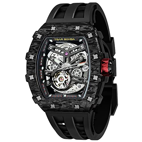 TSAR BOMBA Herren Uhr Automatik Tonneau Skelett Luxus Armbanduhr 50M Wasserdichter Analoge Mechanische Tauchen Quadratische Hohle Watch Japanisches Uhrwerk Saphirspiegel Silikonband von TSAR BOMBA