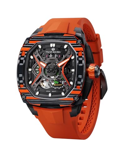 TSAR BOMBA Herrenarmbanduhr eine luxuriöse mechanische Uhr mit Wasserdichtigkeit bis 5 ATM, Kohlefasergehäuse Leuchtfunktion und Fluorkautschukarmband ist eine Spitzenauswahl von TSAR BOMBA