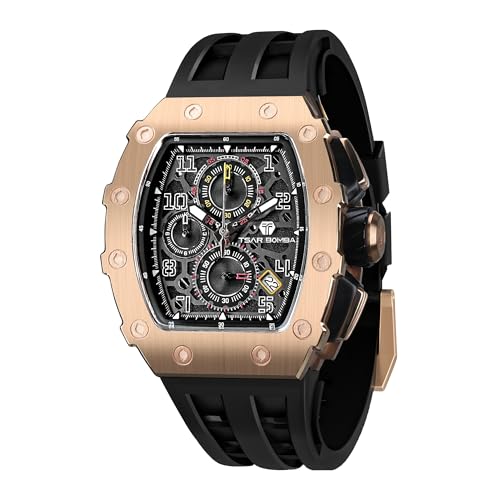 TSAR BOMBA Herrenuhr 50M Wasserdicht Japanisches Quarzwerk Uhren Herren Tonneau Edelstahlgehäuse Saphirglas mit Chronograph-Datumsfunktion Uhr Geschenke für Männer Fashion Luxury von TSAR BOMBA