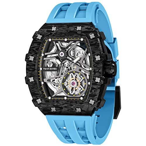 TSAR BOMBA Herrenuhr Automatik Carbon Fiber Uhren Herren- Japanisches Mechanische Uhrwerk-Saphirglas - 52M Wasserdicht-Lünette aus Kohlefaser-Silikonarmband-Luxus Leuchtend Quadratische Uhr von TSAR BOMBA
