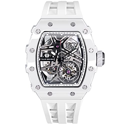 TSAR BOMBA Herrenuhr Automatik Keramiklünette Uhren Herren- Japanisches Mechanische Uhrwerk-Saphirglas - 50M Wasserdicht-Lünette aus Kohlefaser-Silikonarmband-Luxus Leuchtend Quadratische Uhr von TSAR BOMBA