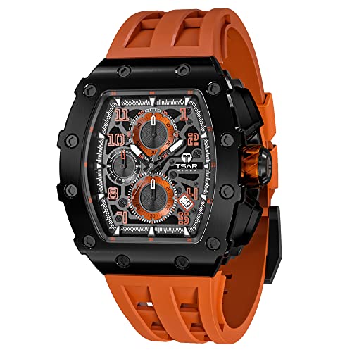 TSAR BOMBA Herrenuhr Luxus Tonneau Carré 50M Wasserdicht Edelstahl Saphir Chronograph Datum Multifunktions Japanisches Quarzwerk Mode Einzigartiges Design Cool Silikonband Elegantes Geschenk Uhr von TSAR BOMBA