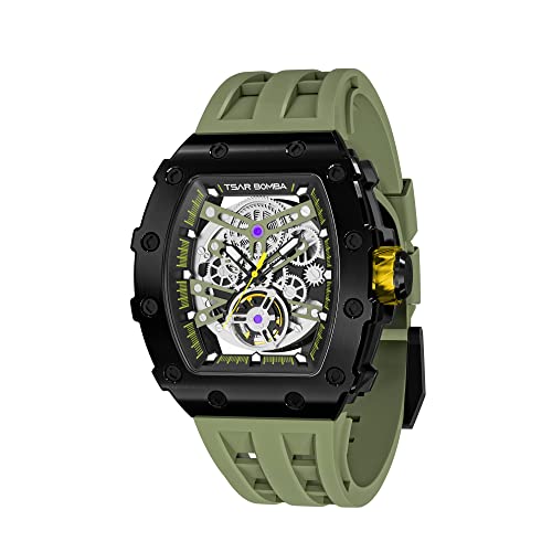 TSAR BOMBA Luxus Automatik Herren Uhr Quadratische Uhren Tonneau Skelett Armbanduhren Silikon/FKM Rubber Saphirglas Japanisches Uhrwerk 50M Wasserdichtes Geschenk für Männer von TSAR BOMBA