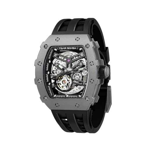 TSAR BOMBA Luxus Automatik Herren Uhr Quadratische Uhren Tonneau Skelett Armbanduhren Silikon/FKM Rubber Saphirglas Japanisches Uhrwerk 50M Wasserdichtes Geschenk für Männer von TSAR BOMBA