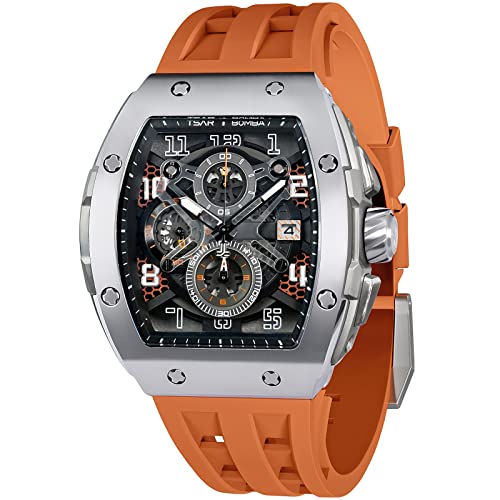 TSAR BOMBA Uhren Herren Luxus Armbanduhr Herren Chronograph 50M Wasserdicht Saphirglas Japan Quarzwerk TMI VK67 Silikonband Klassisches Tonneau Design Leuchtendes Kalender Männer Uhr von TSAR BOMBA