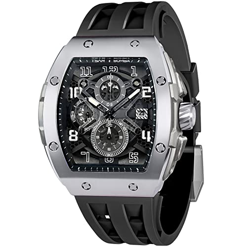 TSAR BOMBA Luxus Herrenuhr Tonneau Chronograph 50M Wasserdicht Saphirglas Japan Quarzwerk Fluorkautschuk Armband Leuchtendes Kalender Uhr Herren von TSAR BOMBA