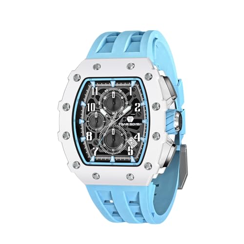 TSAR BOMBA Montre Homme Montre de Luxe Etanche 50M Tonneau Analogique Chronometre Squelette Carrée Grand Cadran Plongee Sport Montres Mouvement Japonais Bracelet Silicone Miroir Saphir Lumineux von TSAR BOMBA