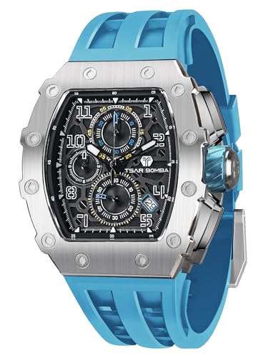 TSAR BOMBA Uhren Herren Luxus Armbanduhr Herren Chronograph 50M Wasserdicht Saphirglas Japan Quarzwerk TMI VK67 Silikonband Klassisches Tonneau Design Leuchtendes Kalender Männer Uhr von TSAR BOMBA