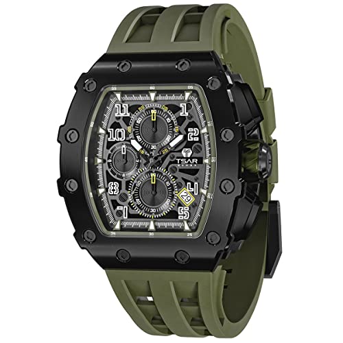 TSAR BOMBA Uhren Herren Luxus Armbanduhr Herren Chronograph 50M Wasserdicht Saphirglas Japan Quarzwerk TMI VK67 Silikonband Klassisches Tonneau Leuchtendes Kalender Männer Uhr von TSAR BOMBA