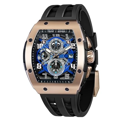 TSAR BOMBA Uhren Herren Tonneau Herrenuhr Luxus Armbanduhr 50M wasserdicht Saphirglas Japanisches Quarzwerk Silikonarmband Chronograph A Level Leuchtend Business Sports Fashion Casual Uhren von TSAR BOMBA