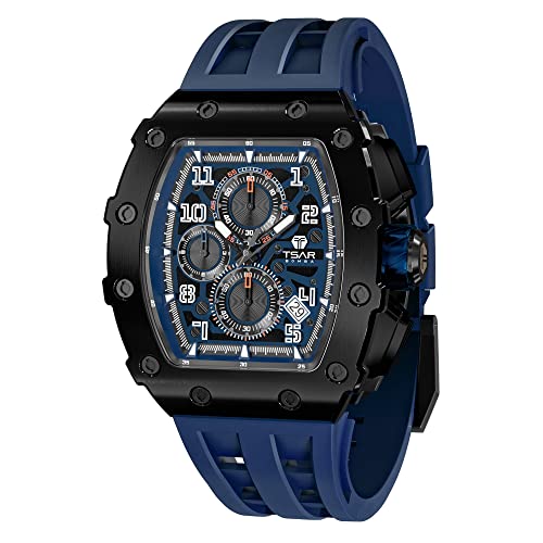 Uhren Herren TSAR BOMBA Luxus Armbanduhr Herren Chronograph 50M Wasserdicht Saphirglas Japan Quarzwerk TMI VK67 Silikonband Klassisches Tonneau Design Leuchtendes Kalender Männer Uhr von TSAR BOMBA