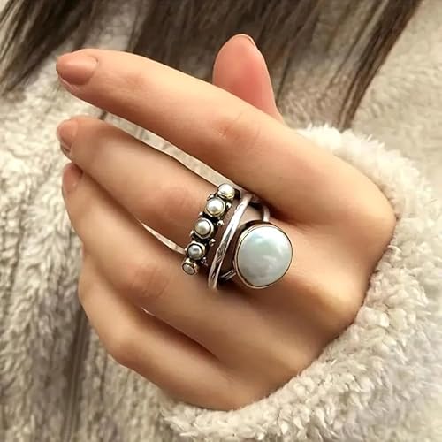 TSECIMGS Vintage Ethno-Stil Gold Silber Zweifarbiger Ring Runde Hoop Barock Perle Statement Ringe Dreifach Kreuz Kunstperlenring Stapeln Unregelmäßige Perle Fingerring für Damen (7) von TSECIMGS