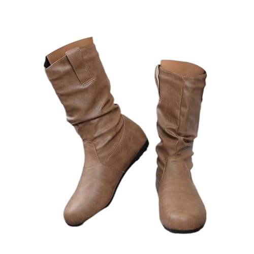 TSEHULYi Damen Stiefel Boots Flache Stiefeletten Schlupfstiefel Faltenstiefel Retro Schuhe Westernstiefel Herbst Winter von TSEHULYi