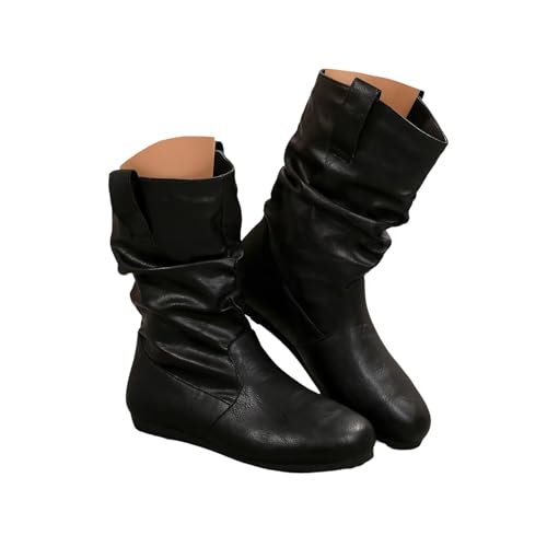 TSEHULYi Damen Stiefel Boots Flache Stiefeletten Schlupfstiefel Faltenstiefel Retro Schuhe Westernstiefel Herbst Winter von TSEHULYi