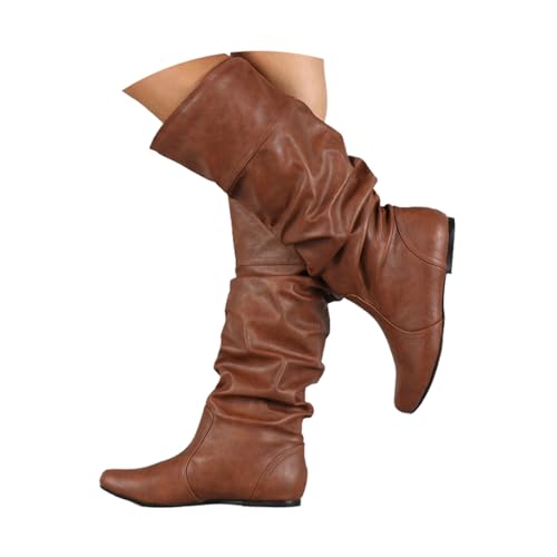 TSEHULYi Damen Stiefel Boots Flache Stiefeletten Schlupfstiefel Faltenstiefel Retro Schuhe Westernstiefel Herbst Winter von TSEHULYi