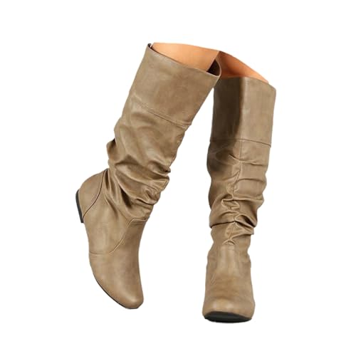 TSEHULYi Damen Stiefel Boots Flache Stiefeletten Schlupfstiefel Faltenstiefel Retro Schuhe Westernstiefel Herbst Winter von TSEHULYi