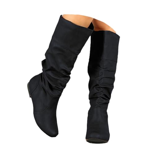 TSEHULYi Damen Stiefel Boots Flache Stiefeletten Schlupfstiefel Faltenstiefel Retro Schuhe Westernstiefel Herbst Winter von TSEHULYi