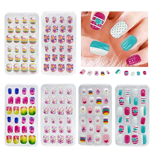 TSHAOUN 144 Stücke Mädchen Gefälschte Nägel Aufdrücken Nägel Kinder Vollabdeckung Kurze Falsche Fingernägel Selbstklebende Falsche Nägel für Nail Design, Party Nageldekoration, 6 Stile (Mehrfarbig) von TSHAOUN