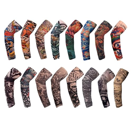 TSHAOUN 16 Stück Tattoo Ärmel Set Gefälschte Sonnencreme Armlinge, Tattoo Ärmel Tattoo Armstrumpf für Männer Frauen Nylon Temporäre Tätowierung Tattoo Strumpf Arm für Karneval Fasching Party (16PCS) von TSHAOUN