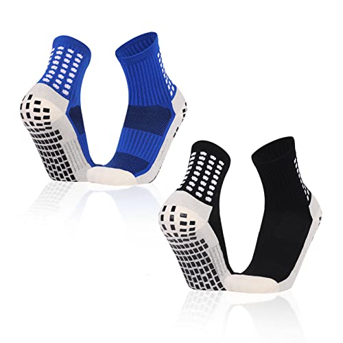 TSHAOUN 2 Paar Fußball Socken Unisex Socken Sportsocken Herren Anti Rutsch Grip Socken Rutschfeste Sportsocken Yoga Athletic Socken Laufsocken Grip Fußballsocken Wandersocken (Schwarz und Blau) von TSHAOUN