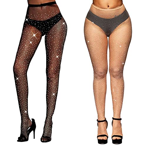 TSHAOUN 2 Pcs Damen Glitzer Strumpfhose mit Strass, Netzstrumpfhosen Hose Glitzernde für Partys, Performances, Tänze, Halloween, Cosplay (Schwarz,Nackt) von TSHAOUN