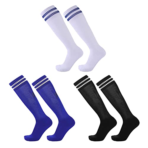 TSHAOUN 3 Paar Fußballsocken Sportsocken Kinder Unisex, Trainingssocken Elastische Socken für Jungen Mädchen von 5-12 Jahren für Fußballtraining, Laufen, Sport, Schwarz Blau Weiß, Einheitsgröße (3) von TSHAOUN