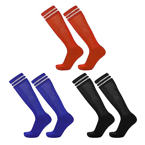 TSHAOUN 3 Paar Kinder Fußballsocken, Sportsocken Trainingssocken Atmungsaktive Elastische Kniestrümpfe für Jungen Mädchen von 5-12 Jahren für Fußballtraining, Laufen, Sport (Black,Blue,Red) von TSHAOUN