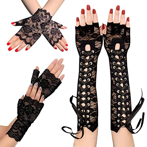 TSHAOUN 3er Set Spitze Fingerlose & Langhemerde Handschuhe Schwarz Braut Accessoires & Steam Punk look mit Ellbogenbändern (3 Paar) von TSHAOUN