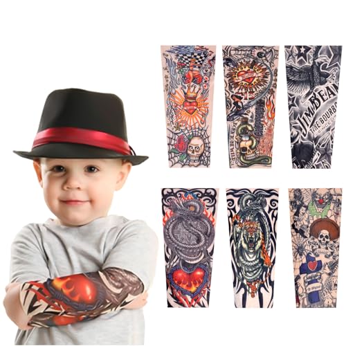 TSHAOUN 6 Stück Kinder Tattoo Ärmel Gefälschte Sonnencreme Armlinge, Tattoo Ärmel Tattoo Armstrumpf für Kinder Baby Nylon Temporäre Tätowierung Tattoo Strumpf Arm für Karneval Fasching Party (6PCS) von TSHAOUN