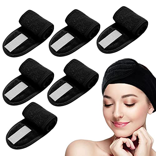 TSHAOUN 6 Stück Spa-Stirnband, Make-up-Haarbänder, Sport, Yoga, Dusche, Gesicht, verstellbares Stretch-Handtuch mit magischem Klebeband (schwarz) von TSHAOUN