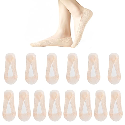 TSHAOUN 7 Paar Damen Füßlinge Spitze Unsichtbare Ballerina Socken mit rutschfest Silikon，no show socken damen,damensocken mit spitze und zehenkappe,damensocken mit spitze,rüschen socken (Beige) von TSHAOUN