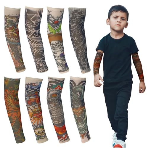 TSHAOUN 8 Stück Tattoo Ärmel Set Gefälschte Sonnencreme Armlinge, Tattoo Ärmel Tattoo Armstrumpf für Kinder Baby Nylon Temporäre Tätowierung Tattoo Strumpf Arm für Karneval Fasching Party (8PCS) von TSHAOUN