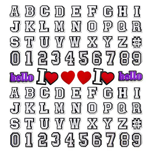 TSHAOUN 80 Stück Schuh-Charm 74 Stück Nummern Buchstaben und 6 Stück Herzförmiges Hello Schuh-Anstecker-Dekoration, Clog-Dekor, Armband-Charms, Schuh-Charm für Kinder Erwachsene (80 Pcs) von TSHAOUN