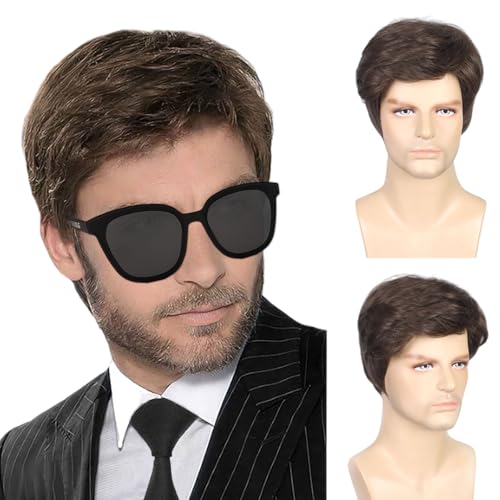 TSHAOUN Herren Perücke Braun Perücke Kurze Herrenperücke Gelockte Herren Boyband Perücke Kostüm Natürliche Daily Kurz Perücke mit Sonnenbrille, 70er 80er Disco Täglich Halloween Perücke (Braun) von TSHAOUN
