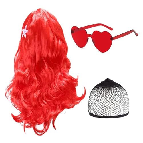TSHAOUN Lange lockige Haar Perücken Frauen, Meerjungfrau Kostüm Rot Perücke mit Brille Haarnetz, Kinderperücke Prinzessin Fancy Dress Up Für Damen Kinder Perücke Kostüm Halloween Cosplay Party (Rot) von TSHAOUN
