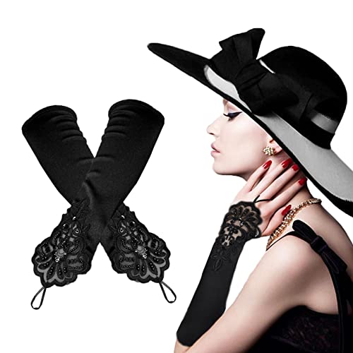 TSHAOUN Schwarze Opera Lange Handschuhe,Damen Satin Classic Opera Fest Party Audrey Hepburn,1920er Jahre Zubehör Fingerlose Handschuhe 20's Accessoires (Black) von TSHAOUN